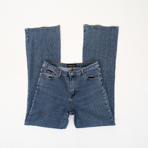 Gasoline Pinstriped Denim Jeans Flare Bootcut Mid Rise Low Y2K - Picture 2 of 8